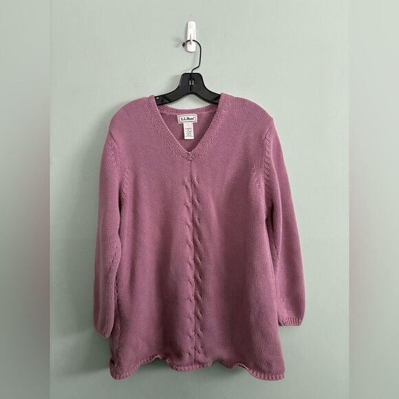 L.L. Bean Sweaters - L.L. Bean Lilac Women's V-Neck Cable Knit Long Combed Cotton Sweater SZ XL